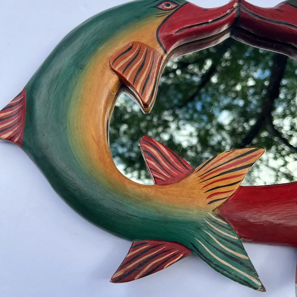 Kissing Dolphins Hanging Wall Mirror (circle of three) Hand Carved & Painted